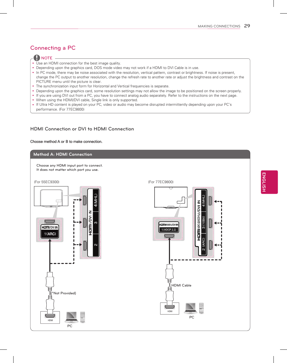 Connecting a pc, Hdmi connection or dvi to hdmi connection | LG 55EC9300 User Manual | Page 29 / 44