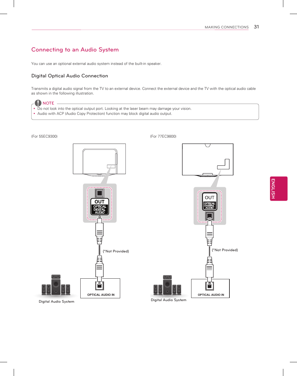 Connecting to an audio system | LG 55EC9300 User Manual | Page 31 / 44
