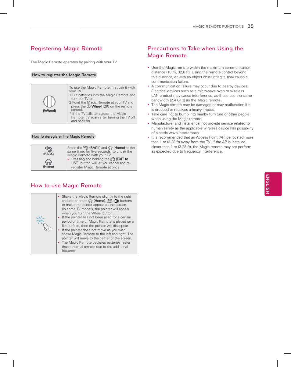 Registering magic remote, How to use magic remote, Precautions to take when using the magic remote | LG 55EC9300 User Manual | Page 35 / 44