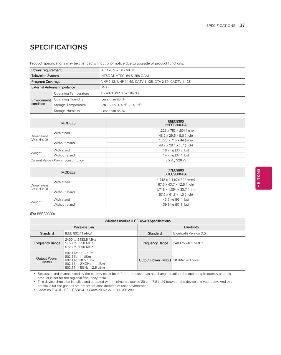 Specifications, English | LG 55EC9300 User Manual | Page 37 / 44
