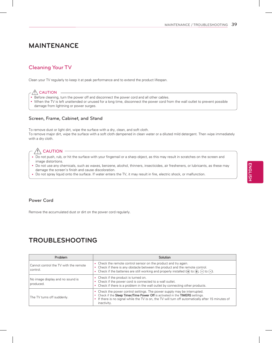 Maintenance, Troubleshooting, Cleaning your tv | Screen, frame, cabinet, and stand, Power cord | LG 55EC9300 User Manual | Page 39 / 44