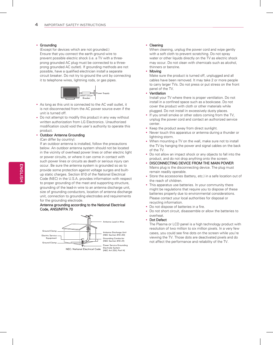 Short-circuit breaker power supply, English | LG 55EC9300 User Manual | Page 4 / 44