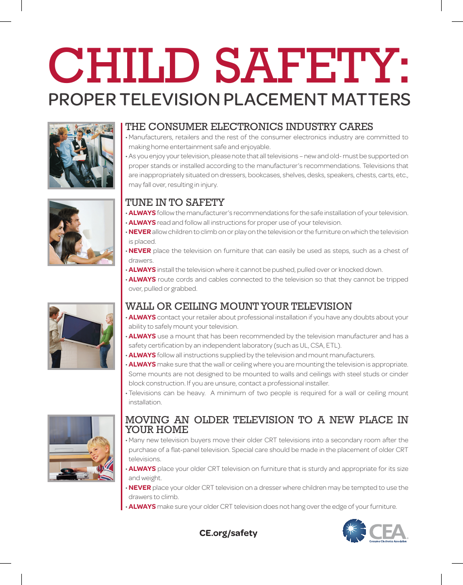 Child safety, Proper television placement matters, The consumer electronics industry cares | Tune in to safety, Wall or ceiling mount your television | LG 55EC9300 User Manual | Page 43 / 44