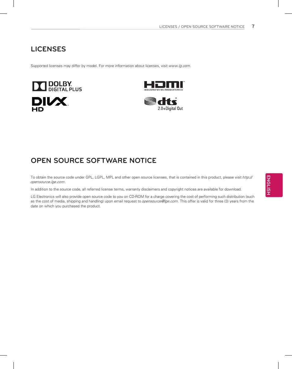 Licenses, Open source software notice | LG 55EC9300 User Manual | Page 7 / 44