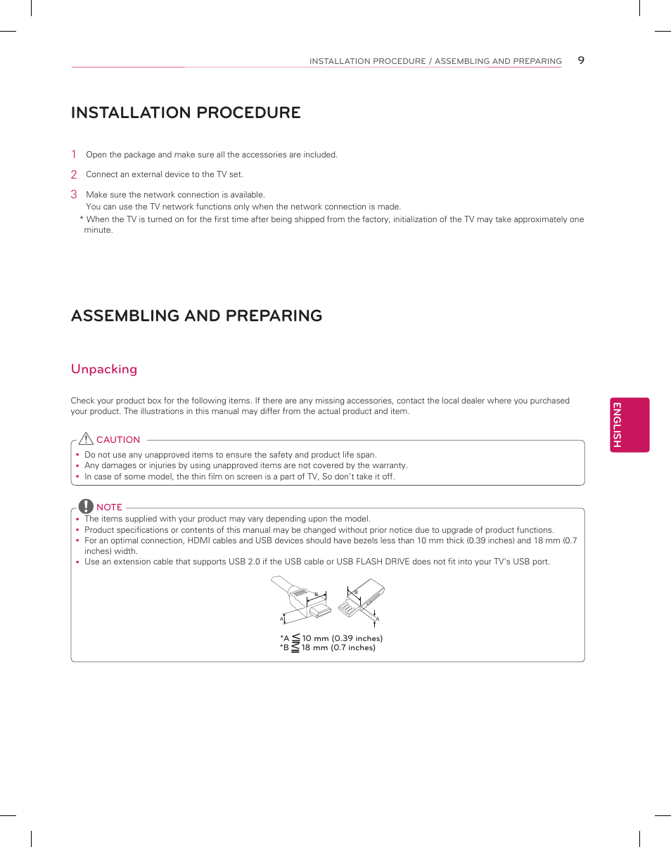 Installation procedure, Assembling and preparing, Unpacking | LG 55EC9300 User Manual | Page 9 / 44