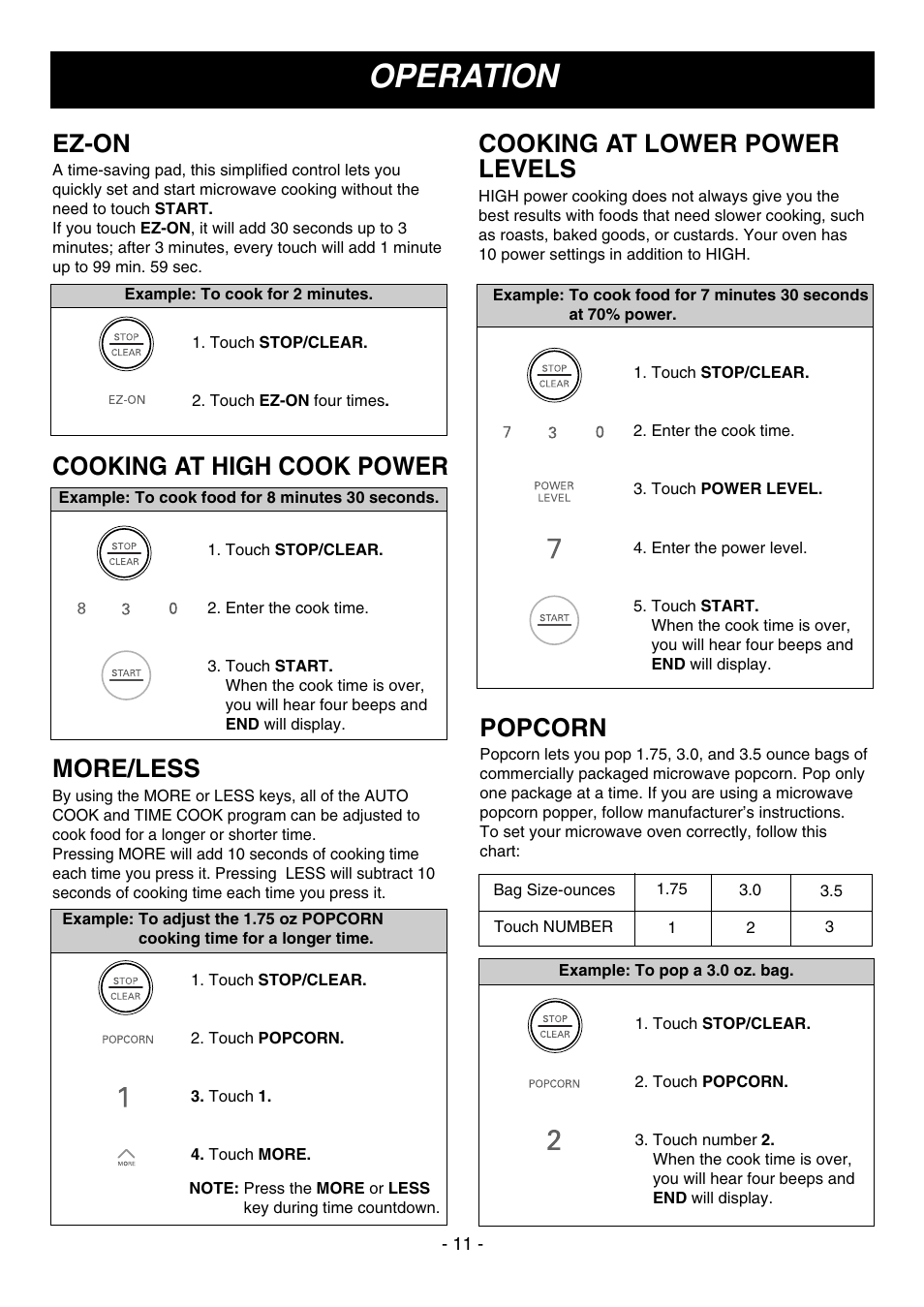 Operation, Ez-on, Cooking at high cook power | Cooking at lower power levels, More/less, Popcorn | LG LMV1314W User Manual | Page 11 / 27