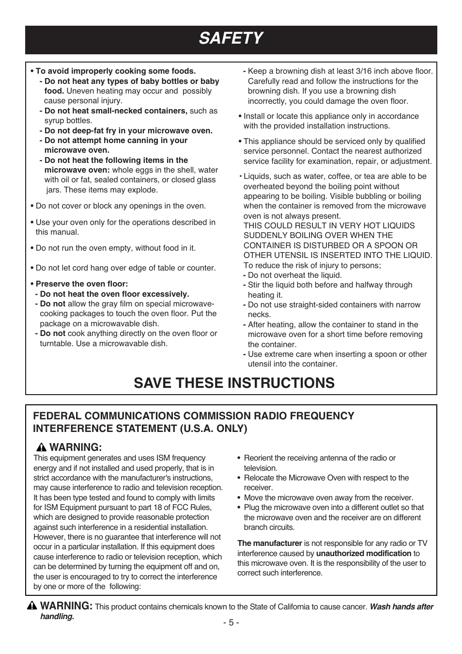Safety, Save these instructions, Warning | LG LMV1314W User Manual | Page 5 / 27