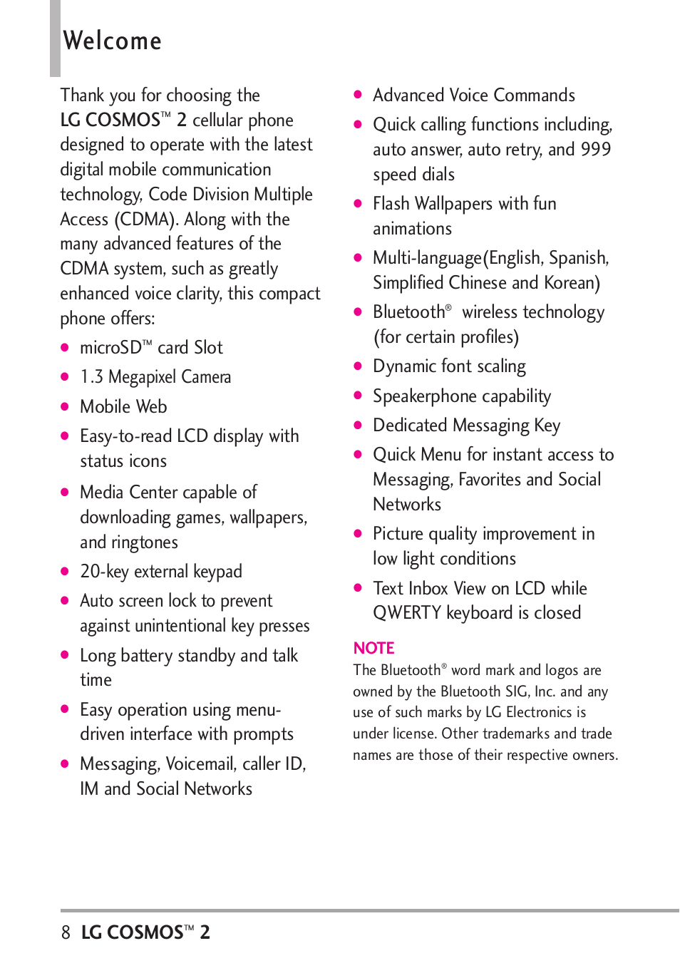 Welcome, Lg cosmos, Microsd | Card slot, 3 megapixel camera, Mobile web, Easy-to-read lcd display with status icons, Key external keypad, Long battery standby and talk time, Advanced voice commands | LG LGVN251 User Manual | Page 10 / 292