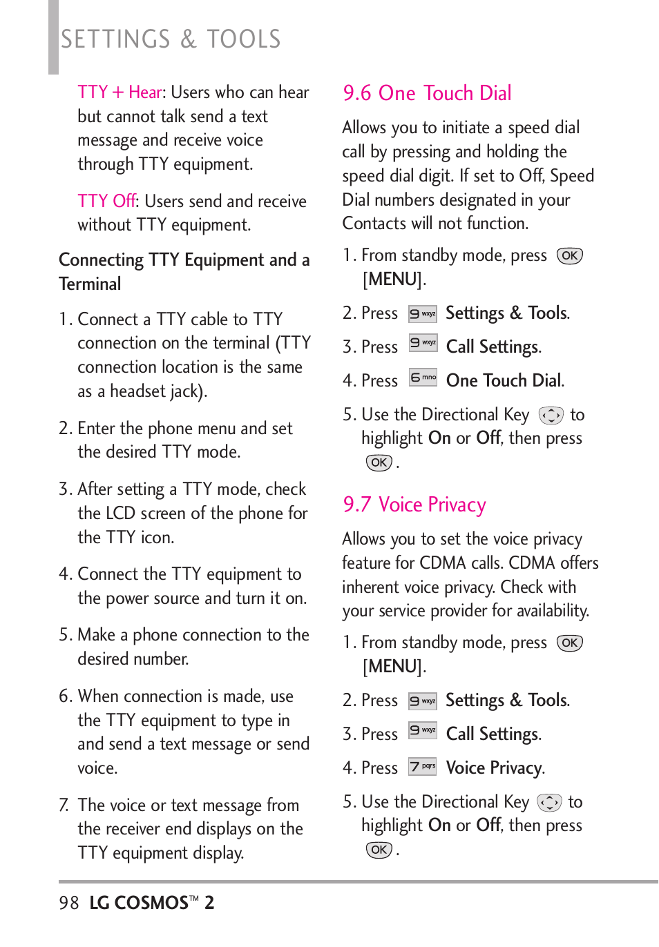 6 one touch dial, 7 voice privacy, Settings & tools | LG LGVN251 User Manual | Page 100 / 292