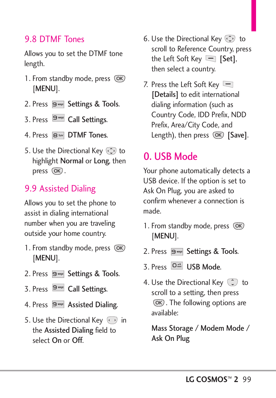 8 dtmf tones, 9 assisted dialing, Usb mode | LG LGVN251 User Manual | Page 101 / 292