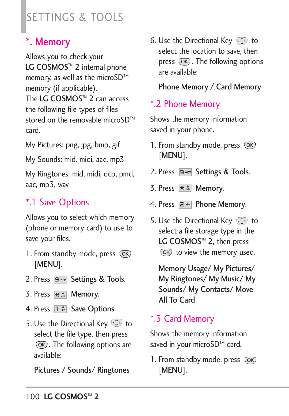 Memory, 1 save options, 2 phone memory | 3 card memory, Settings & tools | LG LGVN251 User Manual | Page 102 / 292