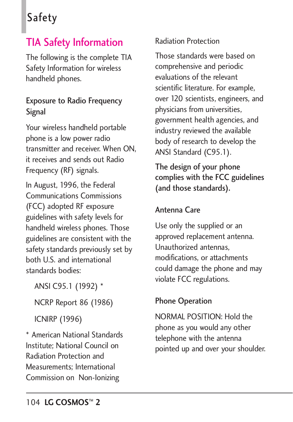 Safety, Tia safety information, Exposure to radio frequency | Antenna care, Phone operation, Signal antenna care phone operation | LG LGVN251 User Manual | Page 106 / 292