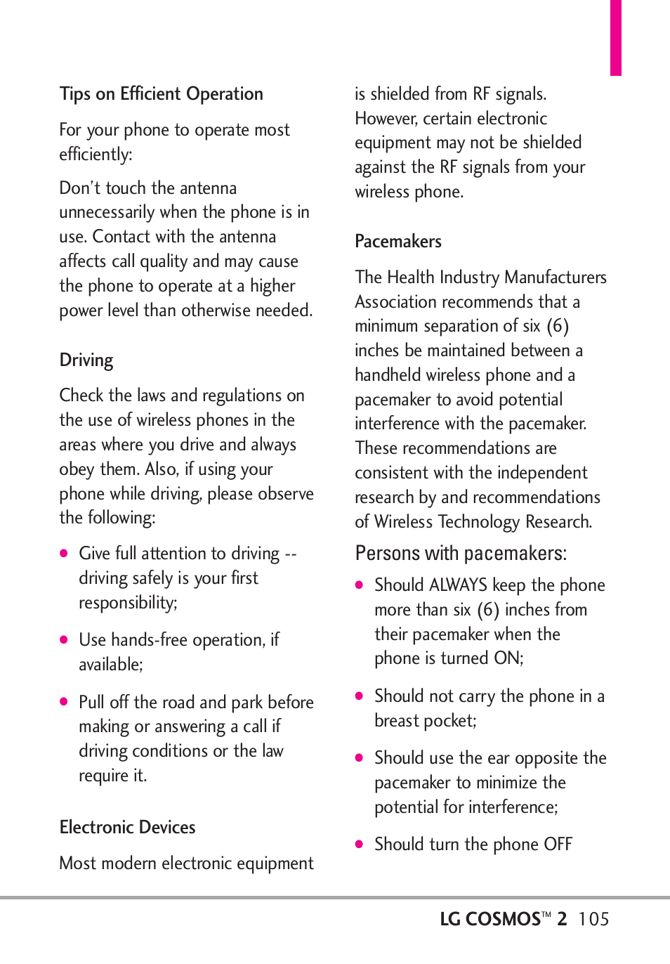 Tips on efficient operation, Driving, Electronic devices | Pacemakers, Persons with pacemakers, Lg cosmos | LG LGVN251 User Manual | Page 107 / 292