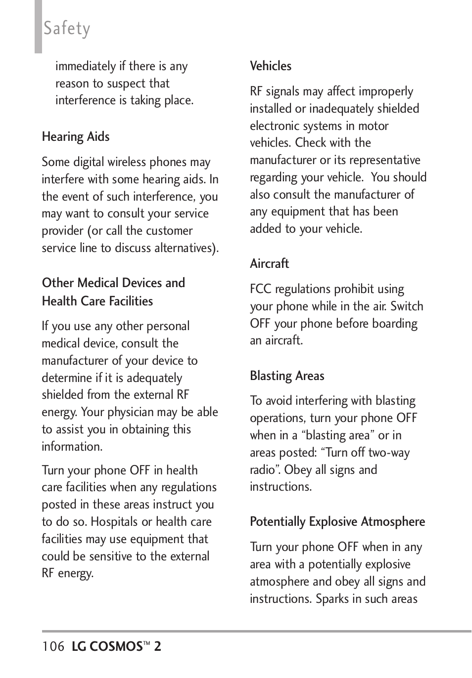 Hearing aids, Other medical devices and he, Vehicles | Aircraft, Blasting areas, Potentially explosive atmosp, Other medical devices and health, Safety | LG LGVN251 User Manual | Page 108 / 292