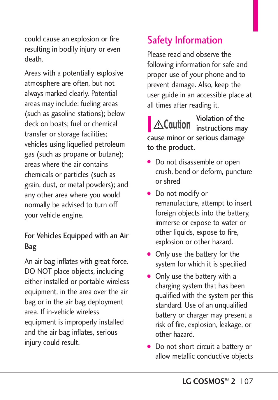 For vehicles equipped with a, Safety information, For vehicles equipped with an | Air bag, Caution | LG LGVN251 User Manual | Page 109 / 292