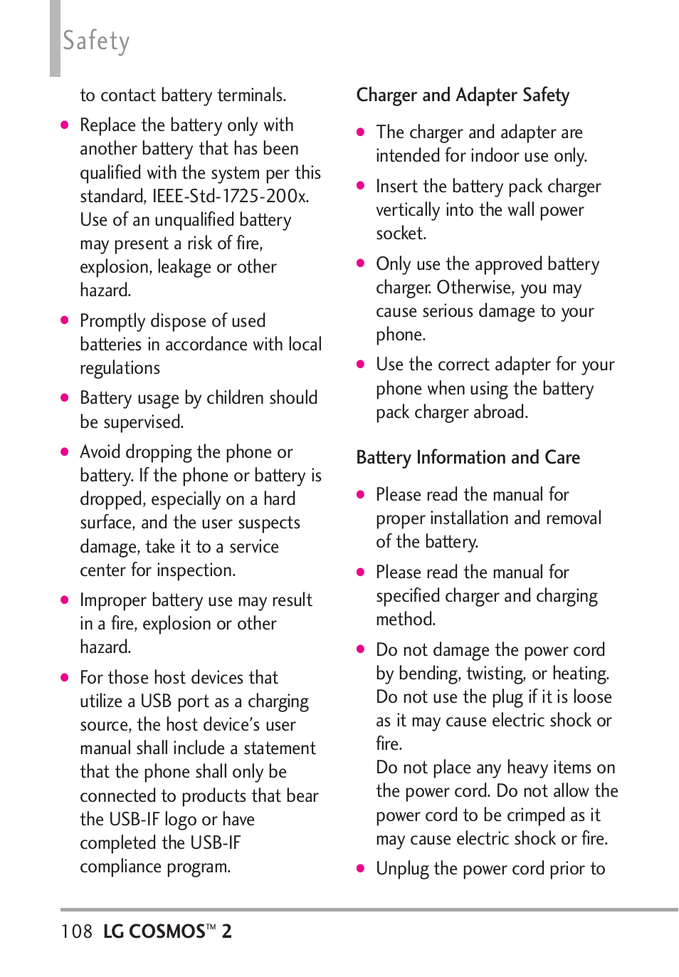 Charger and adapter safety, Battery information and care, Safety | Lg cosmos, Battery usage by children should be supervised, Unplug the power cord prior to | LG LGVN251 User Manual | Page 110 / 292