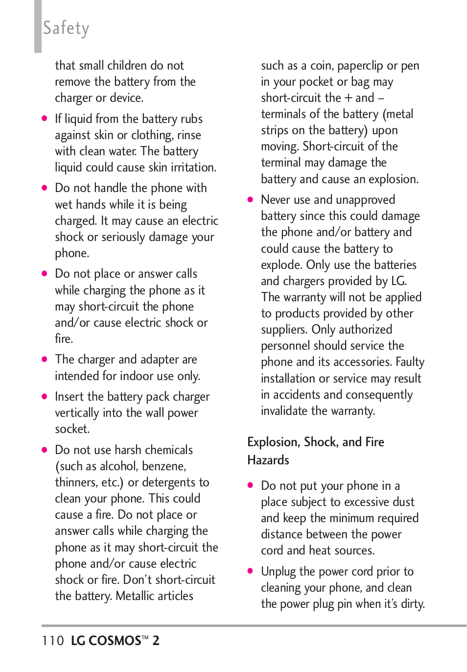 Explosion, shock, and fire h, Explosion, shock, and fire hazards110, Safety | Lg cosmos, Explosion, shock, and fire hazards | LG LGVN251 User Manual | Page 112 / 292