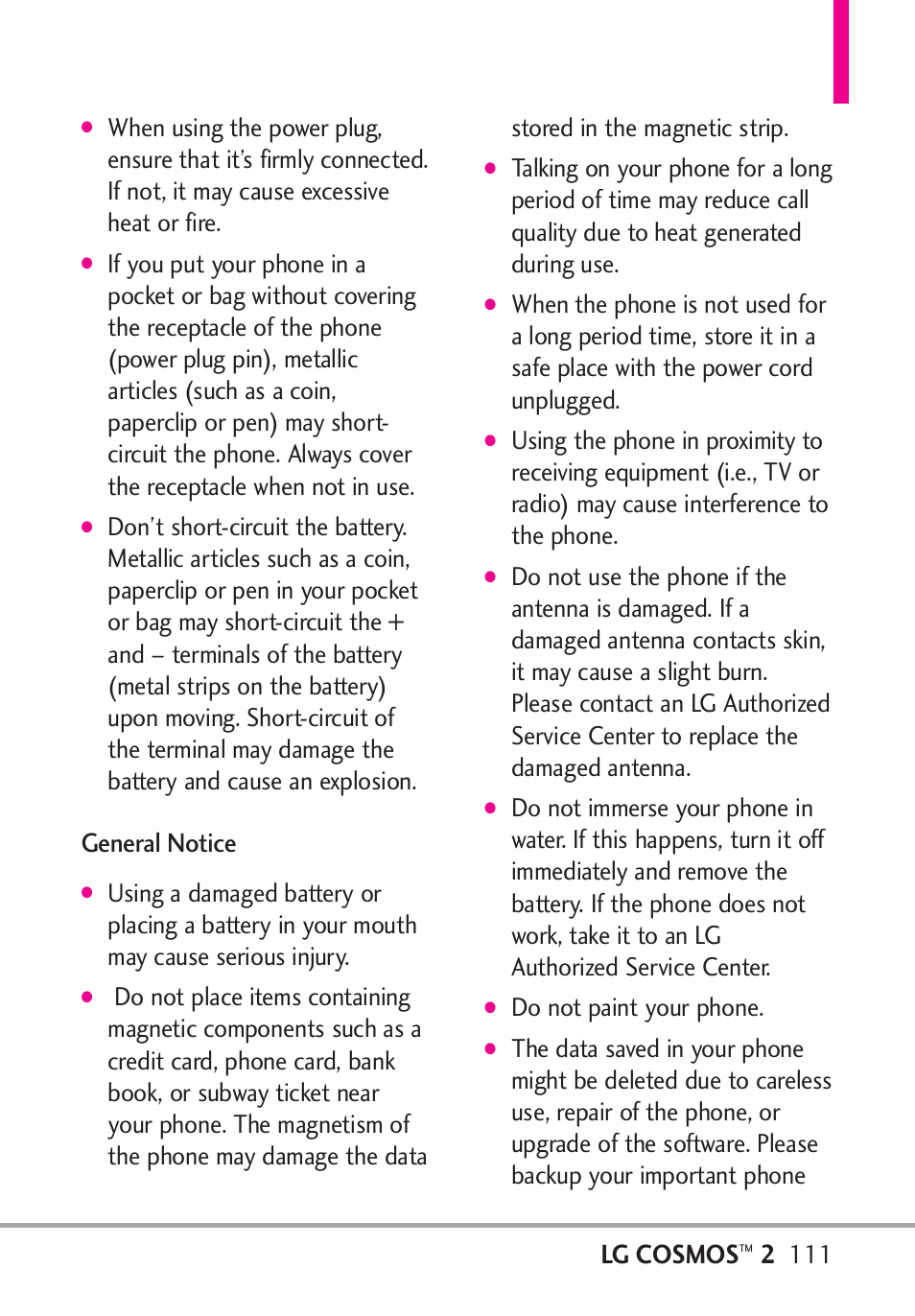 General notice, Lg cosmos, Do not paint your phone | LG LGVN251 User Manual | Page 113 / 292