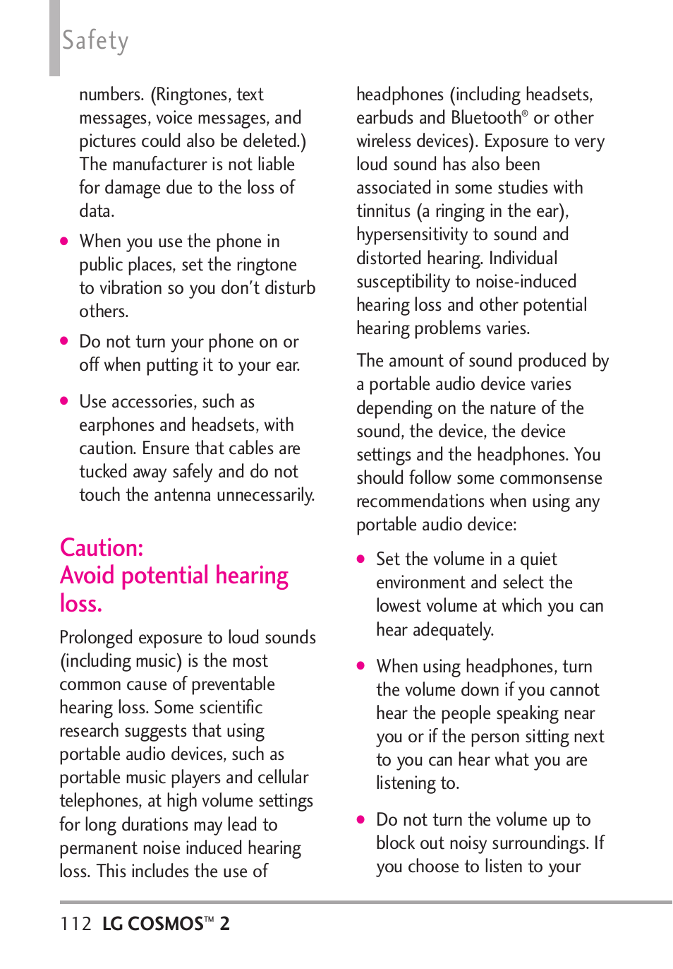 Caution: avoid potential hea, Caution: avoid potential hearing loss, Safety | LG LGVN251 User Manual | Page 114 / 292