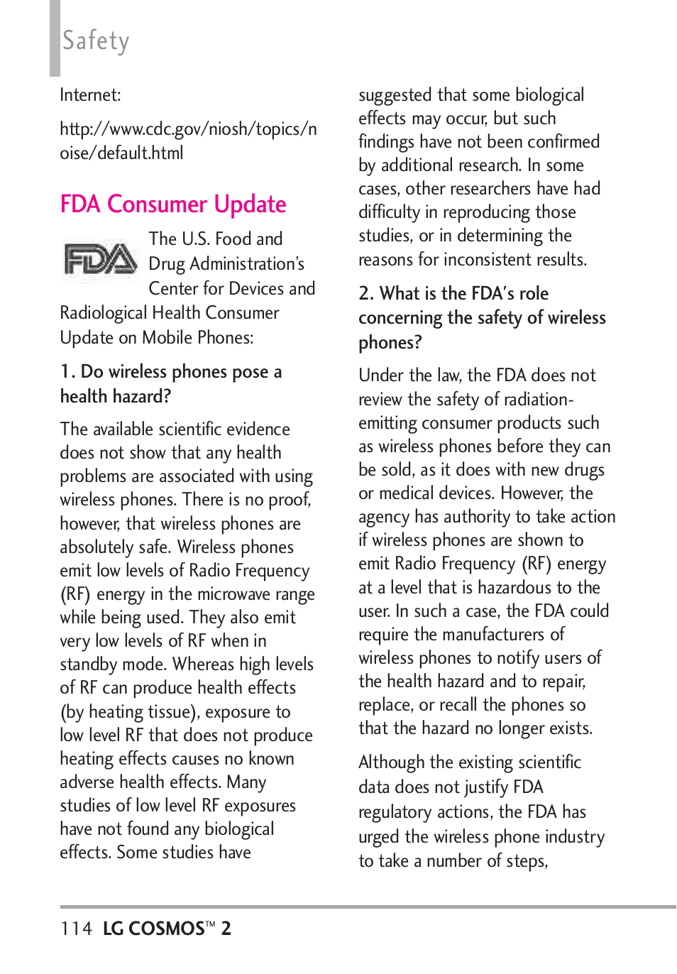 Fda consumer update, Safety | LG LGVN251 User Manual | Page 116 / 292