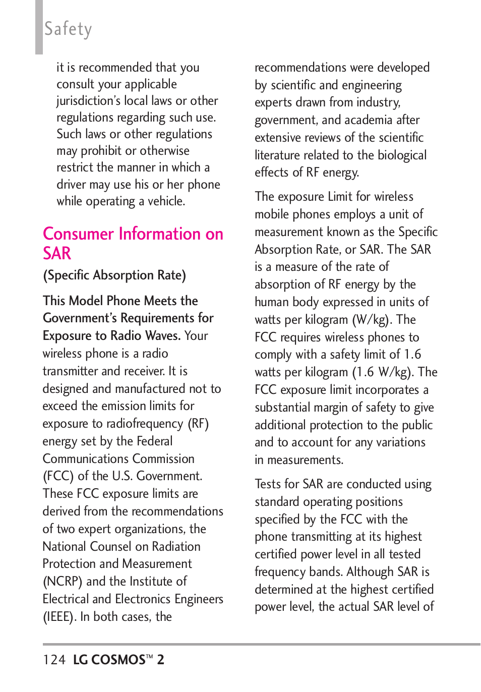 Consumer information on sar, Consumer information on sar, Safety | LG LGVN251 User Manual | Page 126 / 292