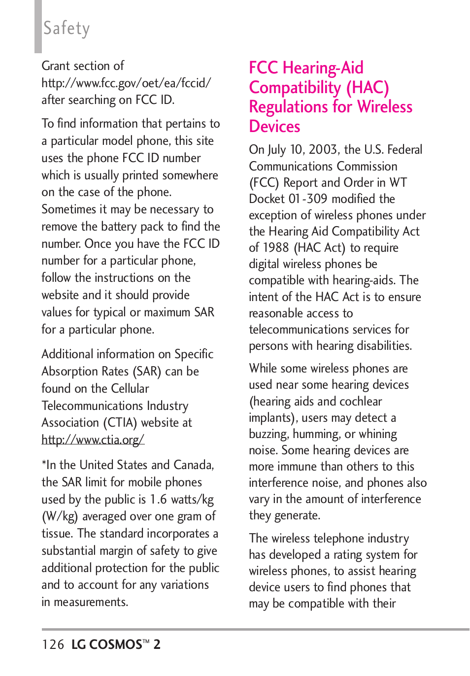 Fcc hearing-aid compatibilit, Safety | LG LGVN251 User Manual | Page 128 / 292