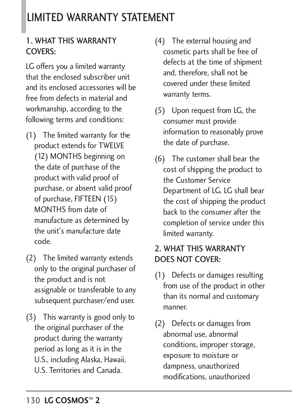 Limited warranty statement | LG LGVN251 User Manual | Page 132 / 292