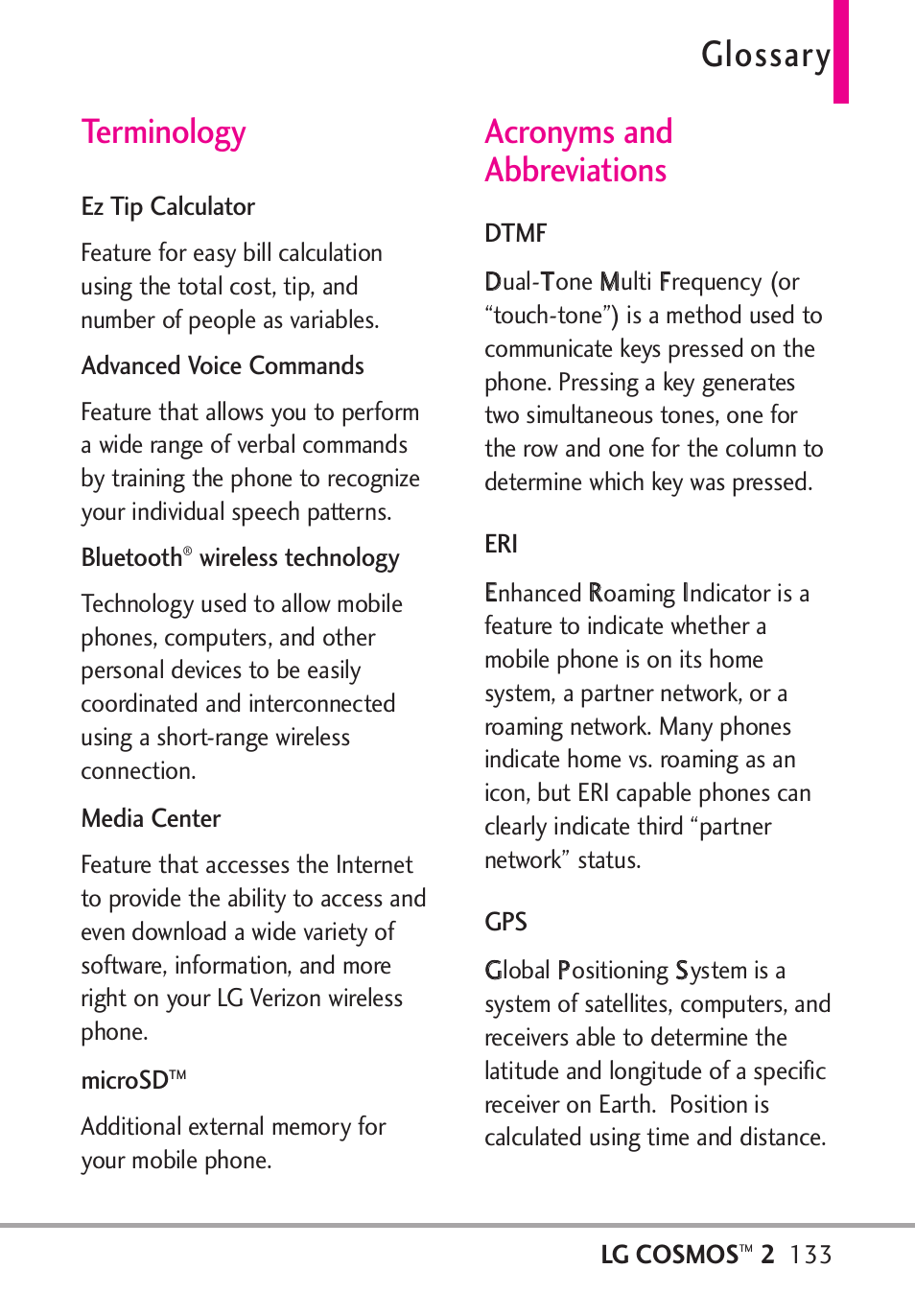 Glossary, Terminology, Acronyms and abbreviations | LG LGVN251 User Manual | Page 135 / 292