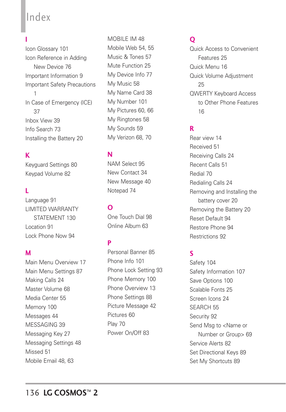 Index, Lg cosmos | LG LGVN251 User Manual | Page 138 / 292