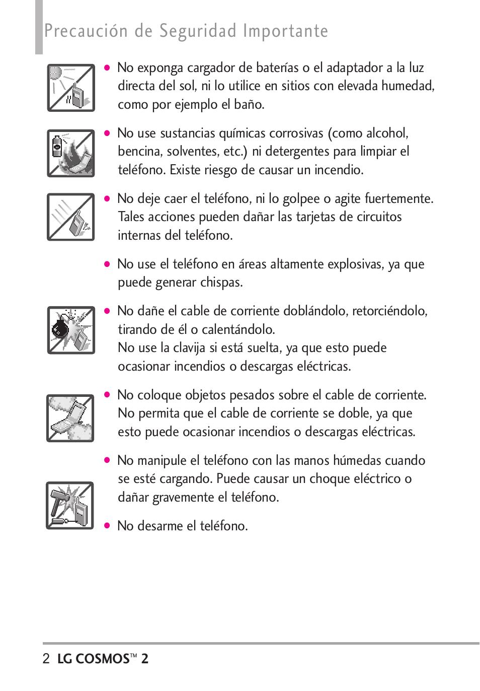 Precaución de seguridad importante, No desarme el teléfono | LG LGVN251 User Manual | Page 143 / 292