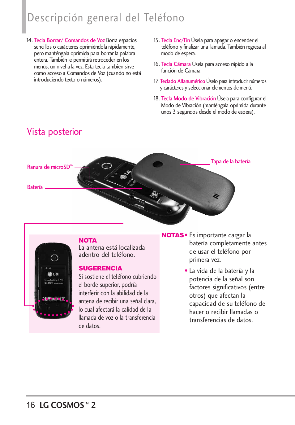 Descripción general del teléfono, Vista posterior, Lg cosmos | LG LGVN251 User Manual | Page 157 / 292