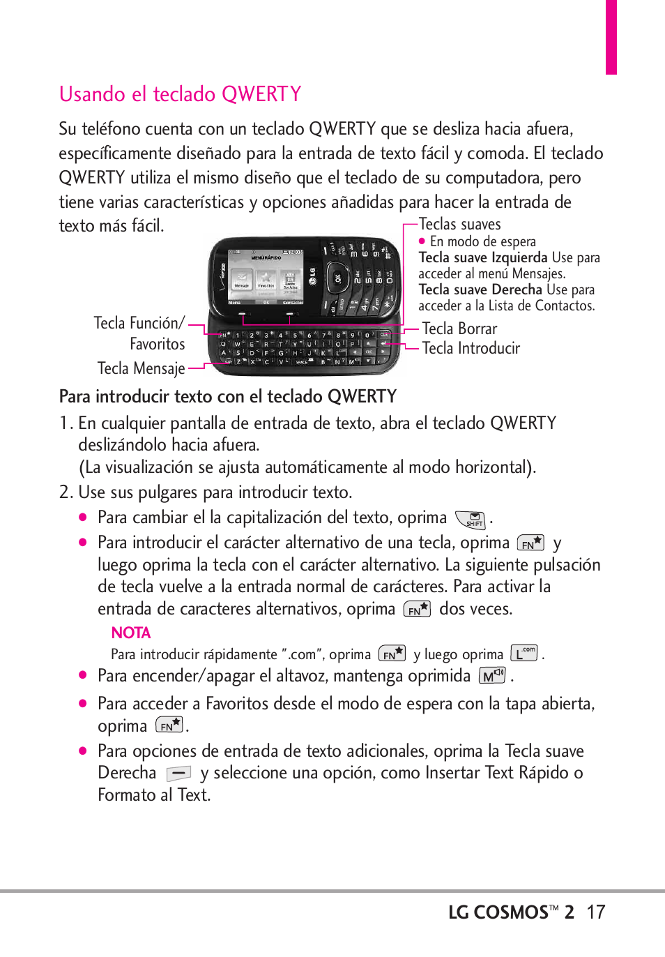 Usando el teclado qwerty, Lg cosmos, Para introducir texto con el teclado qwerty | LG LGVN251 User Manual | Page 158 / 292