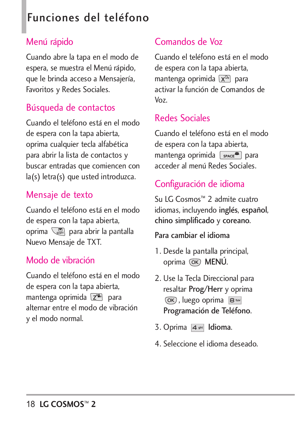 Funciones del teléfono, Menú rápido, Búsqueda de contactos | Mensaje de texto, Modo de vibración, Comandos de voz, Redes sociales, Configuración de idioma | LG LGVN251 User Manual | Page 159 / 292