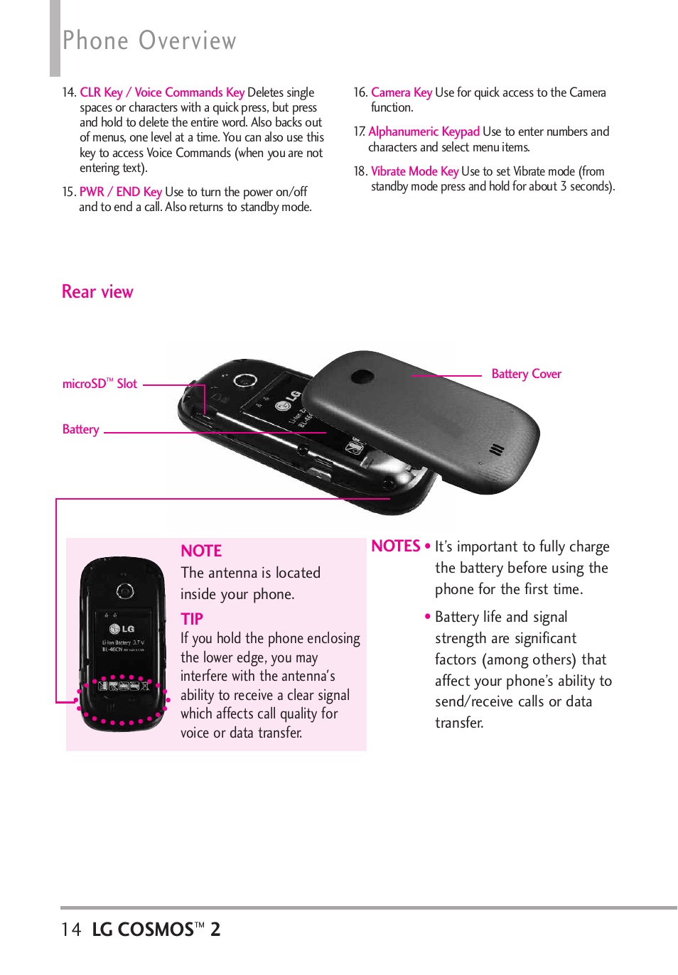 Phone overview, Lg cosmos, Rear view | LG LGVN251 User Manual | Page 16 / 292