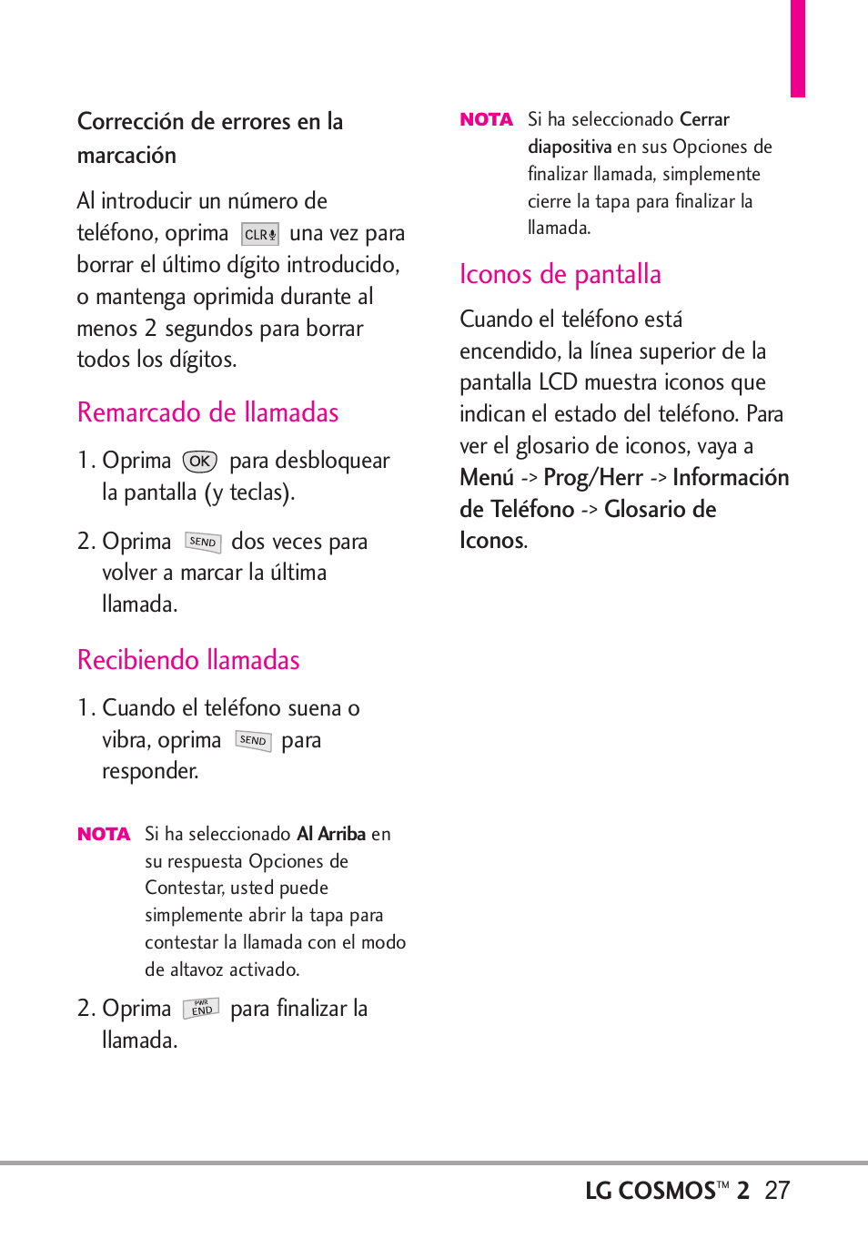 Remarcado de llamadas, Recibiendo llamadas, Iconos de pantalla | LG LGVN251 User Manual | Page 168 / 292