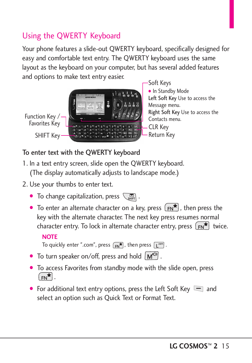 Using the qwerty keyboard, Lg cosmos | LG LGVN251 User Manual | Page 17 / 292