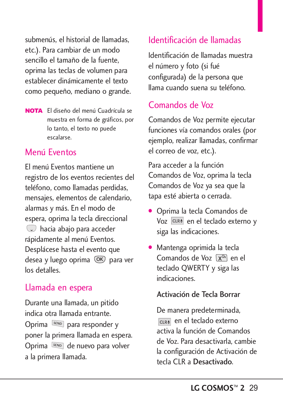 Menú eventos, Llamada en espera, Identificación de llamadas | Comandos de voz | LG LGVN251 User Manual | Page 170 / 292