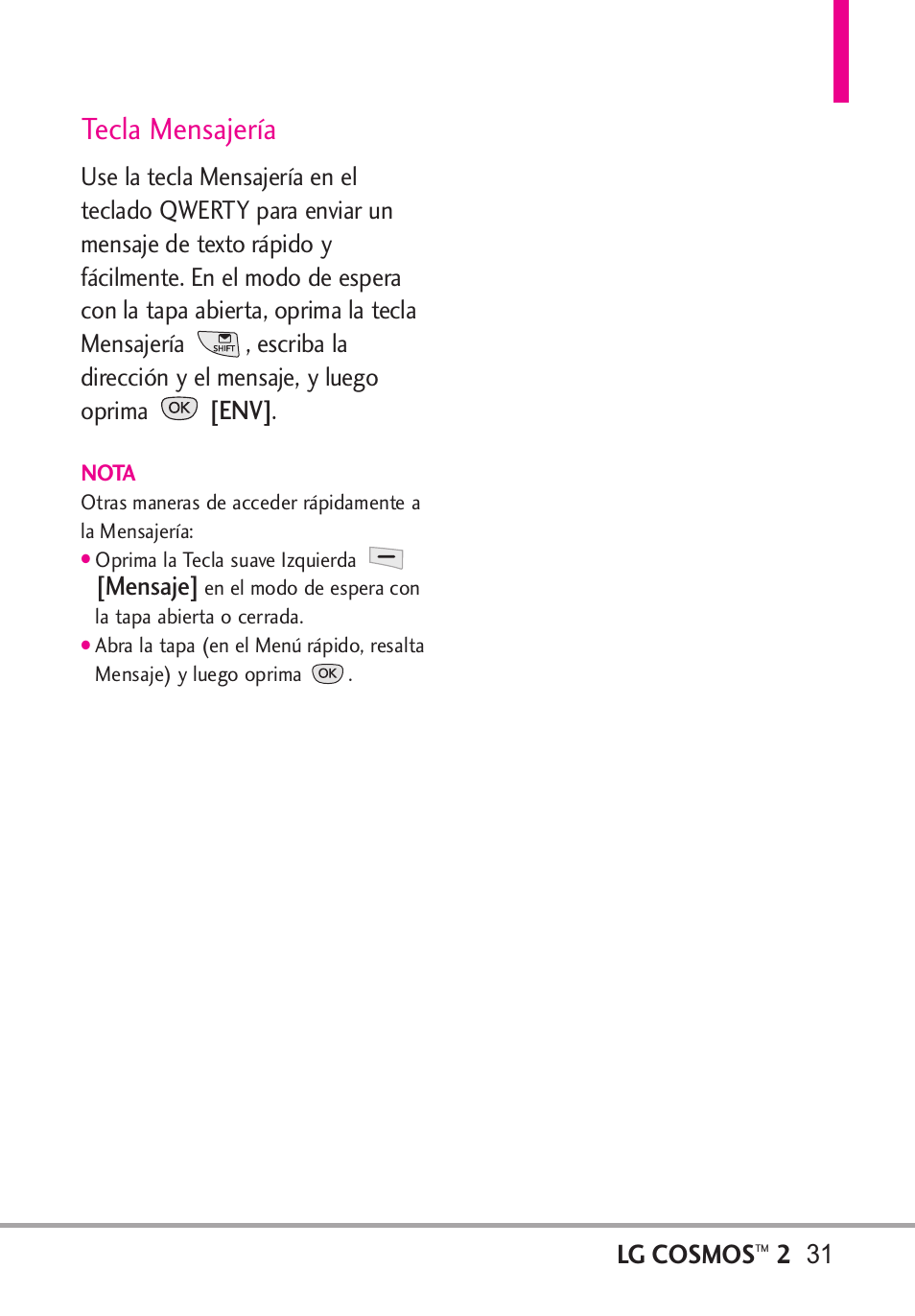 Tecla mensajería, Mensaje, Lg cosmos | LG LGVN251 User Manual | Page 172 / 292