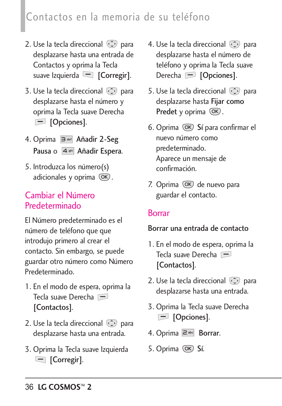 Cambiar el número predetermi, Borrar, Cambiar el número predeterminado | LG LGVN251 User Manual | Page 177 / 292