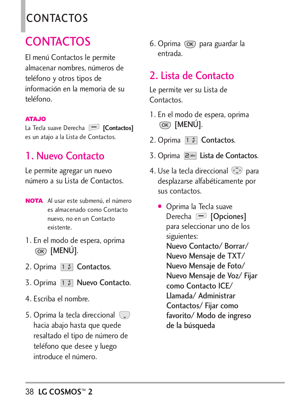 Contactos, Nuevo contacto, Lista de contacto | Nuevo contacto 2. lista de contacto | LG LGVN251 User Manual | Page 179 / 292