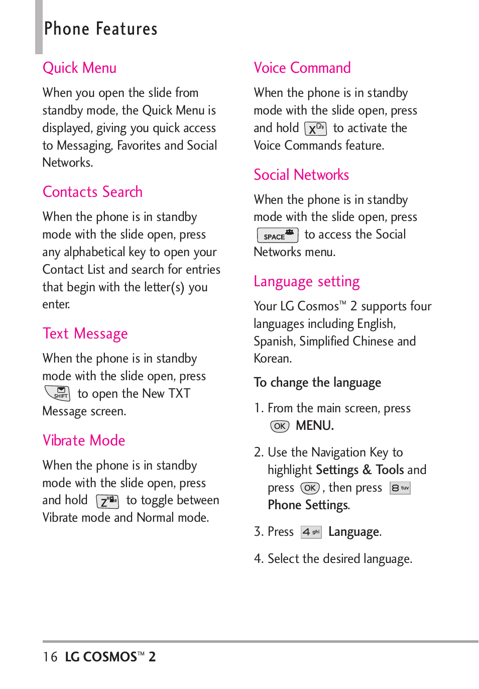 Phone features, Quick menu, Contacts search | Text message, Vibrate mode, Voice command, Social networks, Language setting | LG LGVN251 User Manual | Page 18 / 292