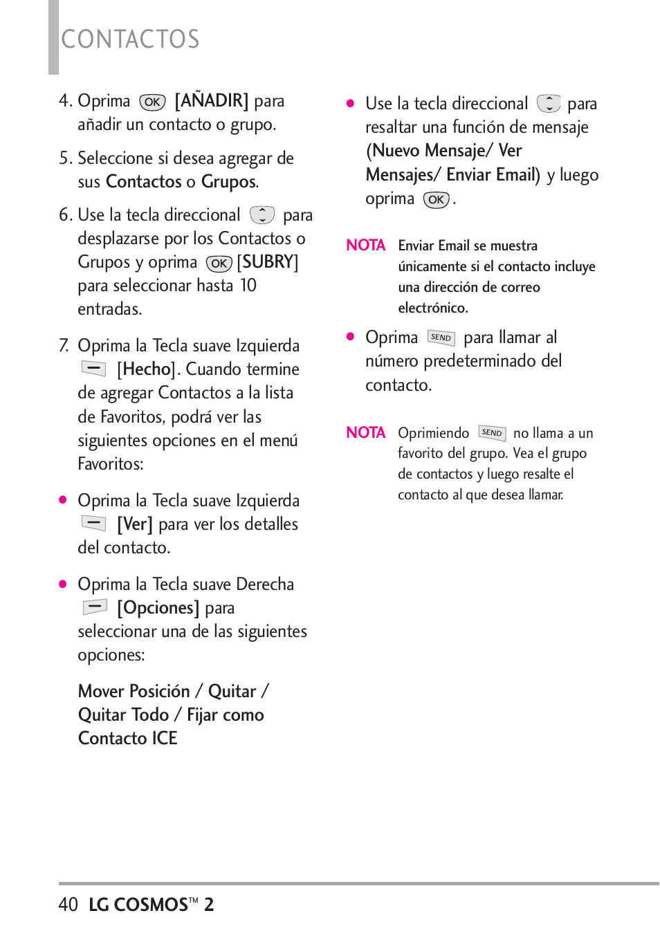 Contactos | LG LGVN251 User Manual | Page 181 / 292