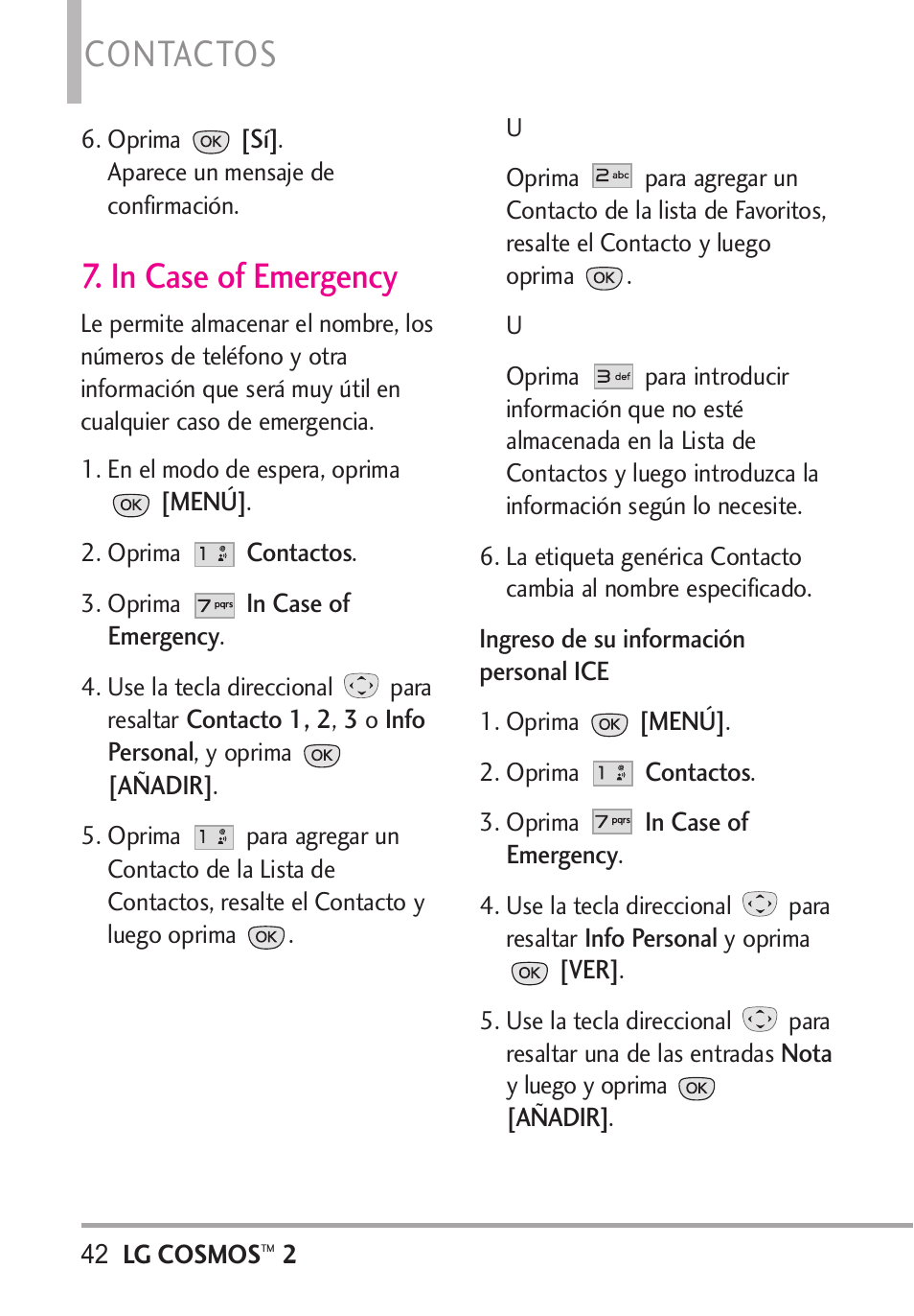 In case of emergency, Contactos | LG LGVN251 User Manual | Page 183 / 292