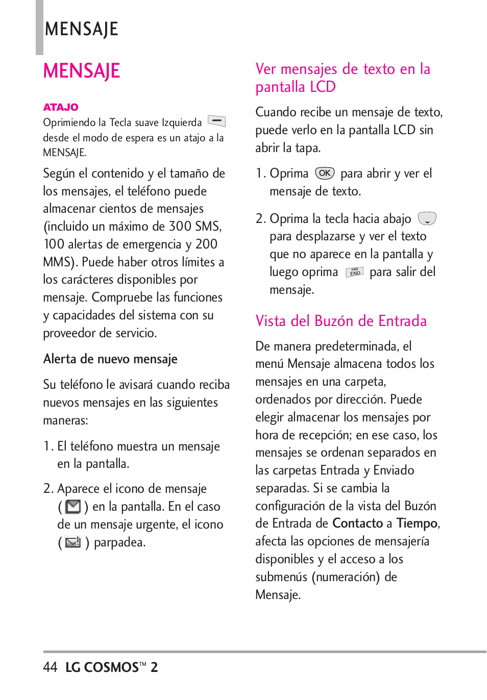 Mensaje, Ver mensajes de texto en la pantalla lcd, Vista del buzón de entrada | LG LGVN251 User Manual | Page 185 / 292