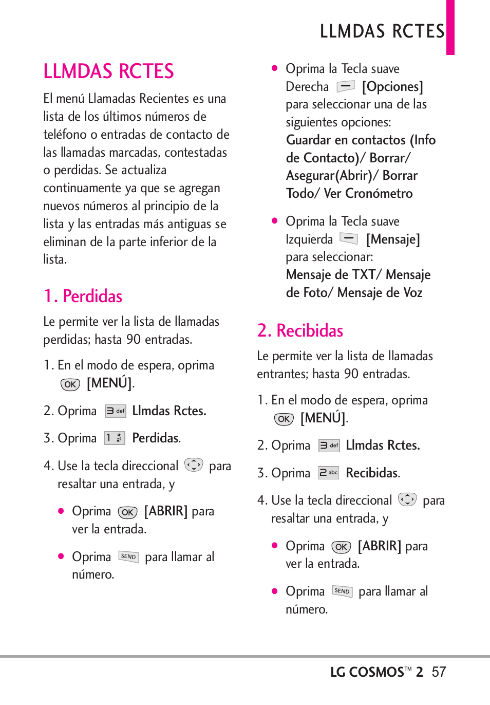 Llmdas rctes, Perdidas, Recibidas | Perdidas 2. recibidas | LG LGVN251 User Manual | Page 198 / 292