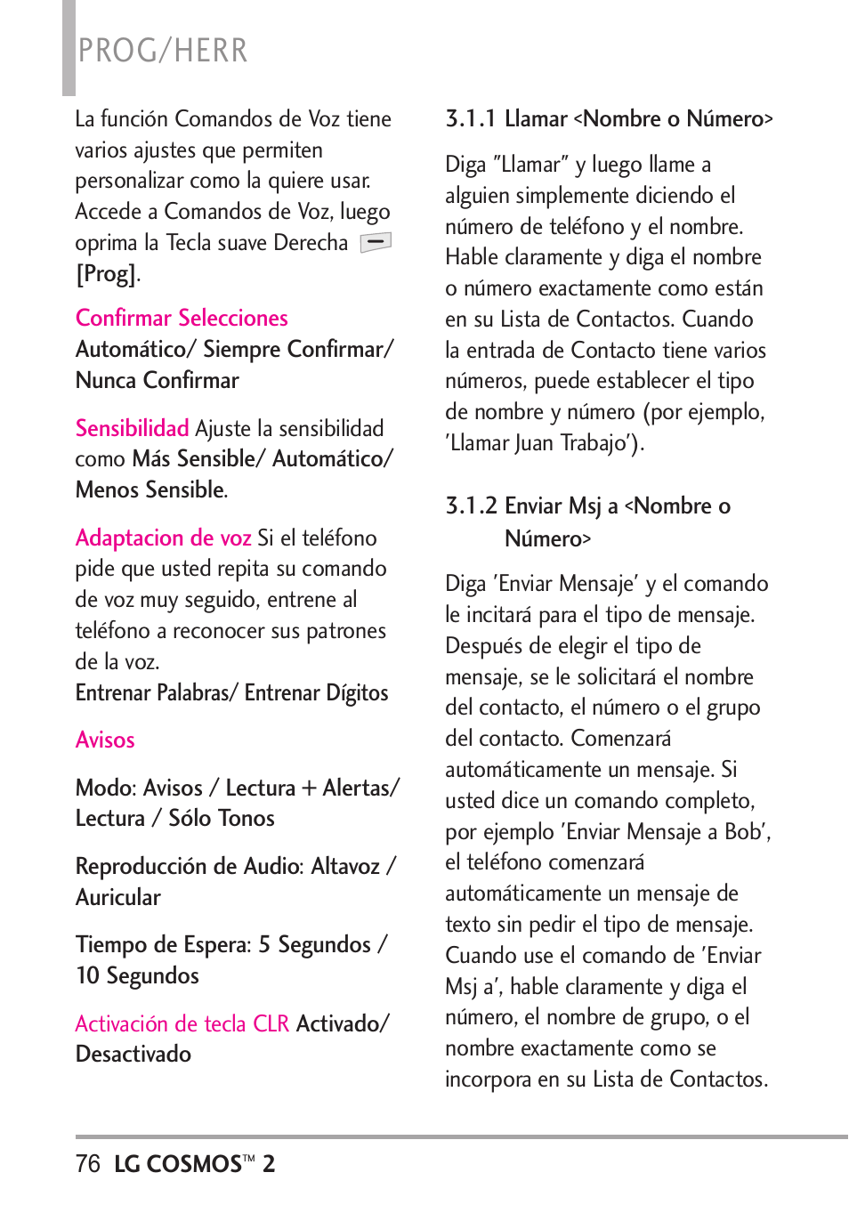 1 llamar <nombre o número, 2 enviar msj a <nombre, Número | Prog/herr | LG LGVN251 User Manual | Page 217 / 292