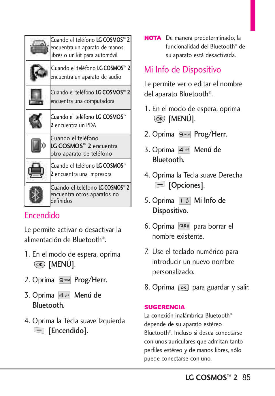 Encendido, Mi info de dispositivo, Lg cosmos | Menú, Prog/herr, Menú de bluetooth, Opciones | LG LGVN251 User Manual | Page 226 / 292