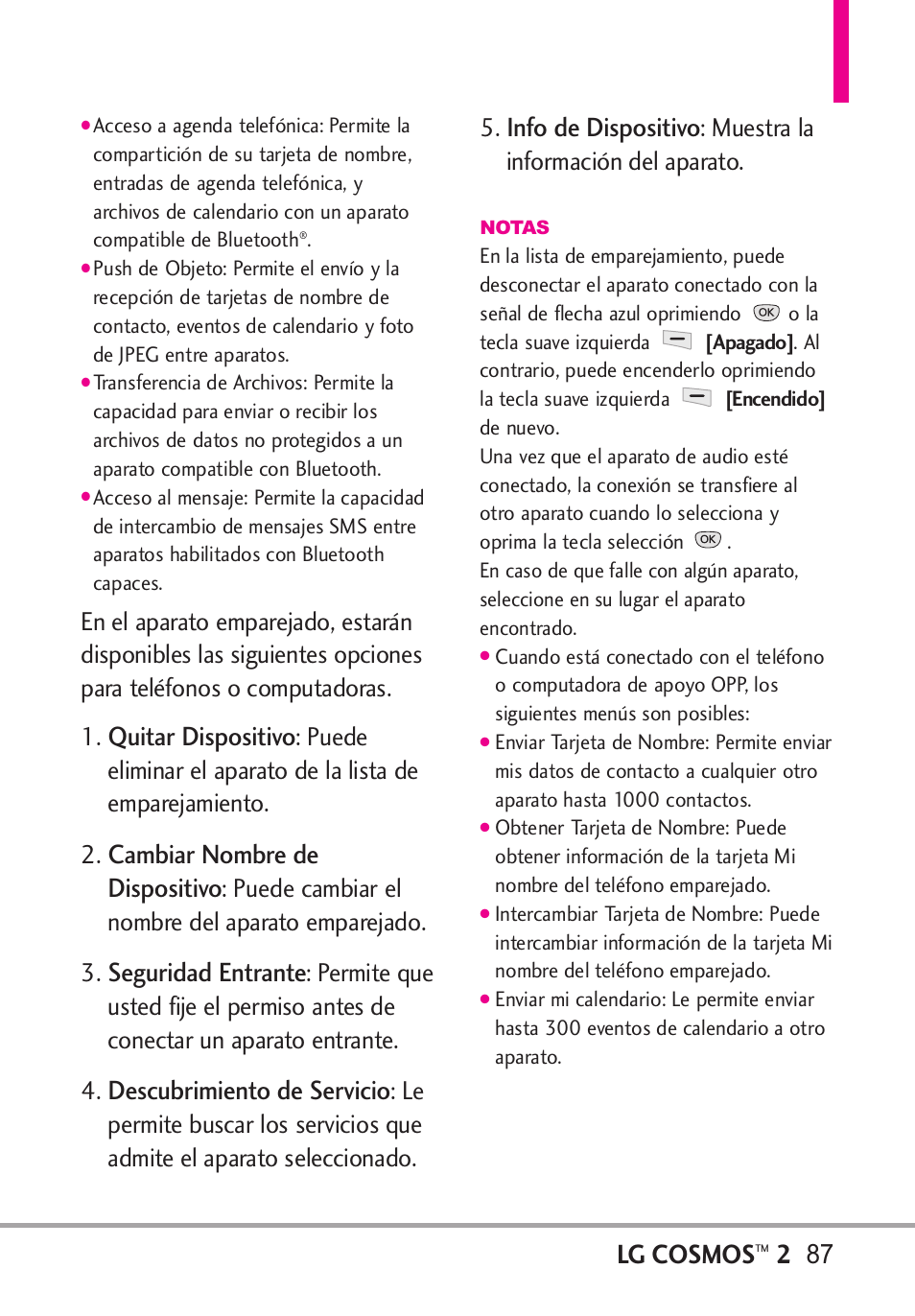 Lg cosmos, Quitar dispositivo, Cambiar nombre de dispositivo | Seguridad entrante, Descubrimiento de servicio, Info de dispositivo, Puede cambiar el nombre del aparato emparejado. 3, Muestra la información del aparato | LG LGVN251 User Manual | Page 228 / 292