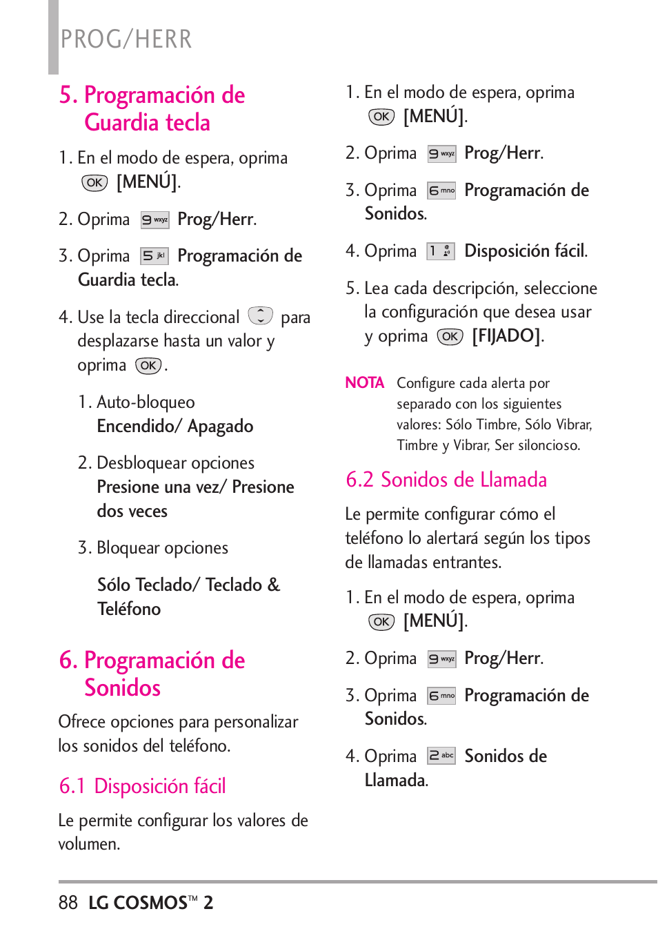 programación de guardia, Programación de sonidos, 1 disposición fácil | 2 sonidos de llamada, Programación de, Guardia tecla, Prog/herr, Programación de guardia tecla | LG LGVN251 User Manual | Page 229 / 292