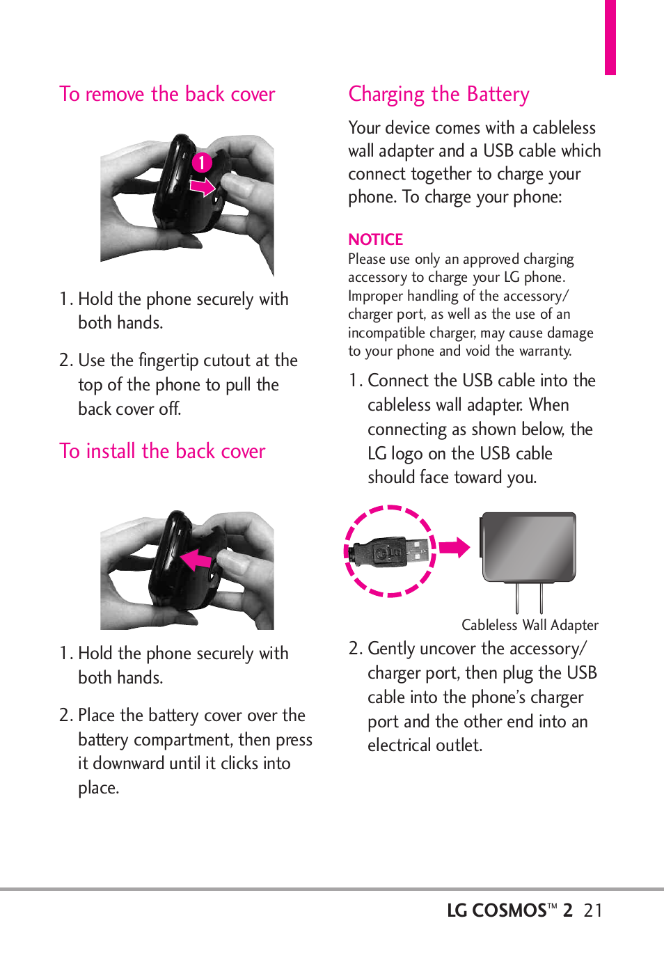 To remove the back cover, To install the back cover, Charging the battery | LG LGVN251 User Manual | Page 23 / 292